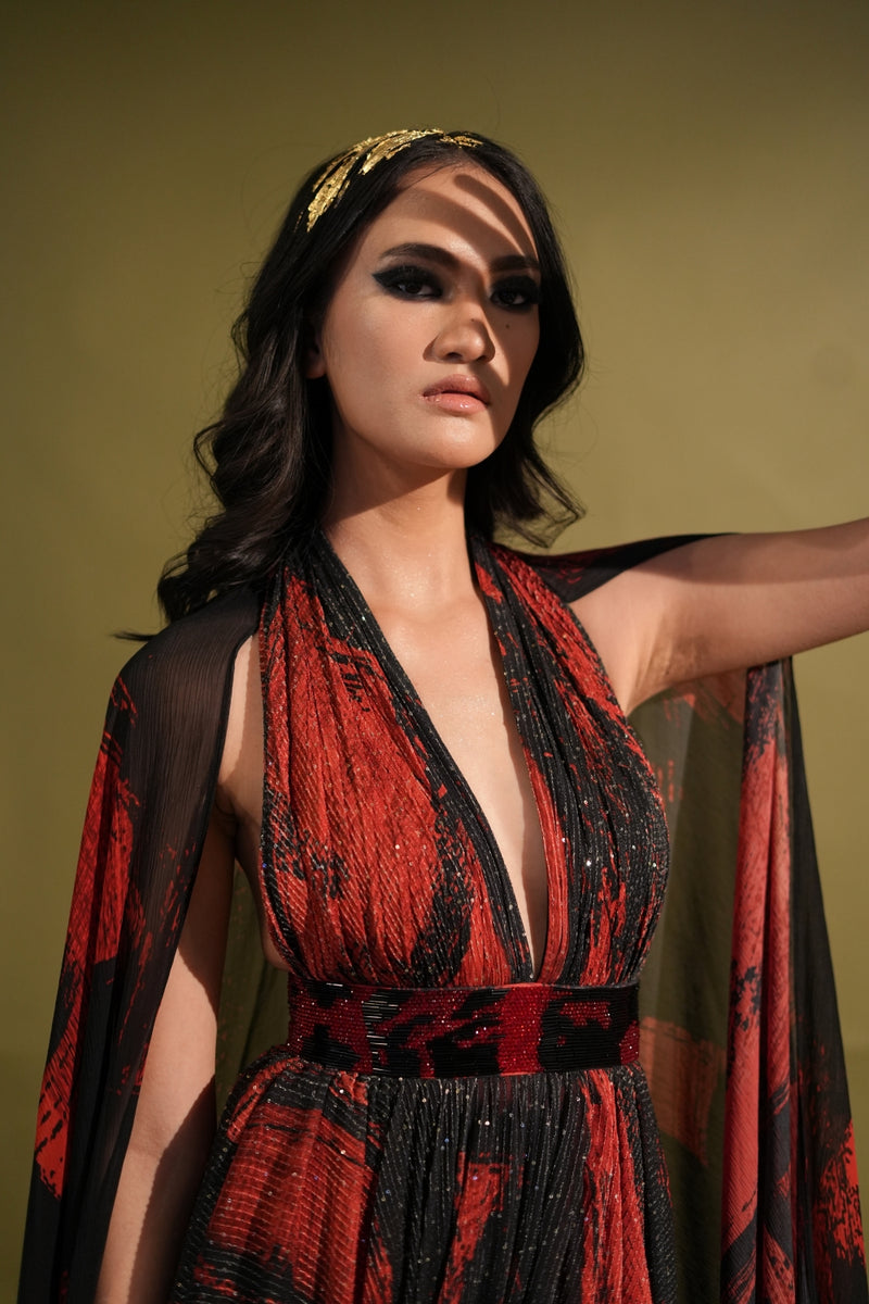 Red & Black Stroke Print Maxi Dress With Flowy Sleeves With Glass Bead Embellishment