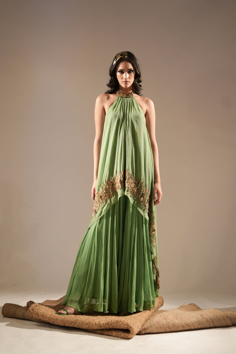 Jade High Low Top And Sharara Set With Aged Gold Embellishment
