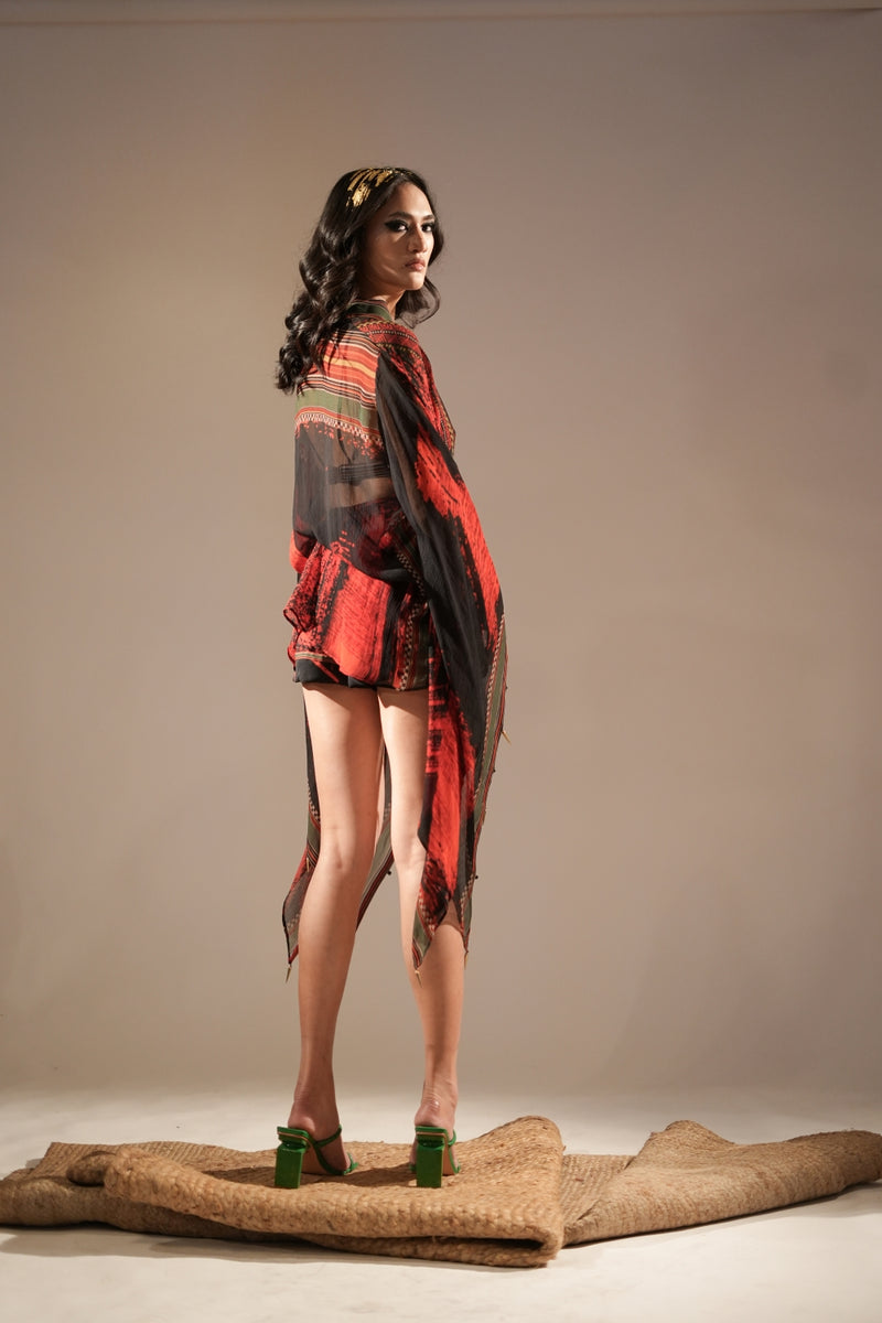 Red & Black Stroke Placement Print Top & Shorts Coord Set