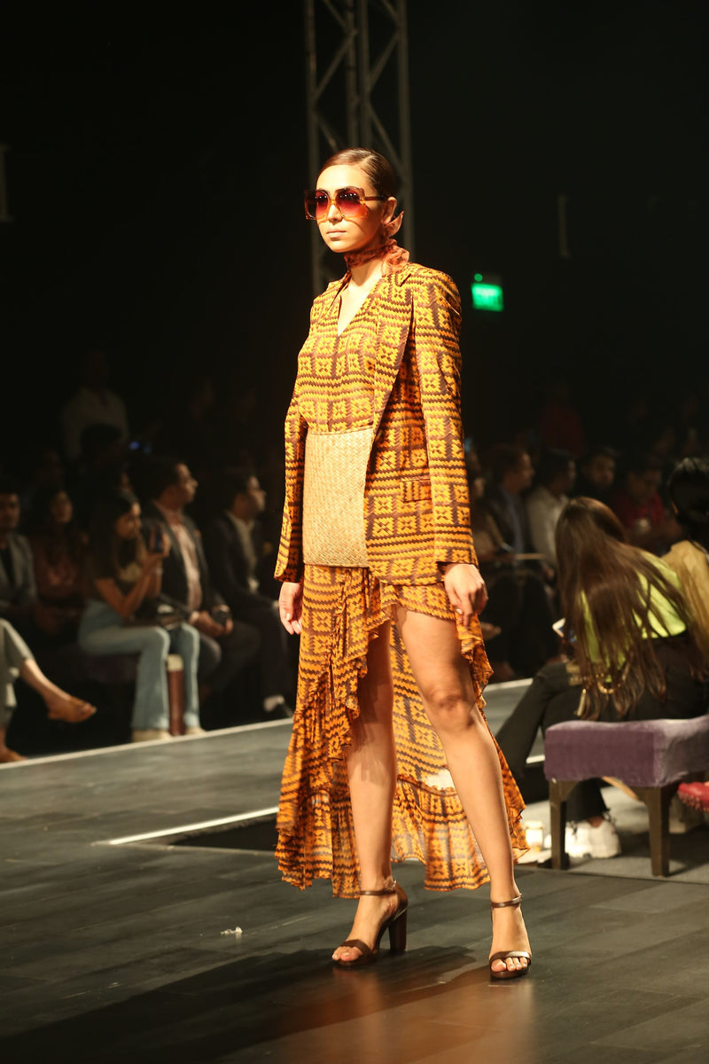 Orange-Brown Basket Weave Print Ruffled Skirt With Side Slit