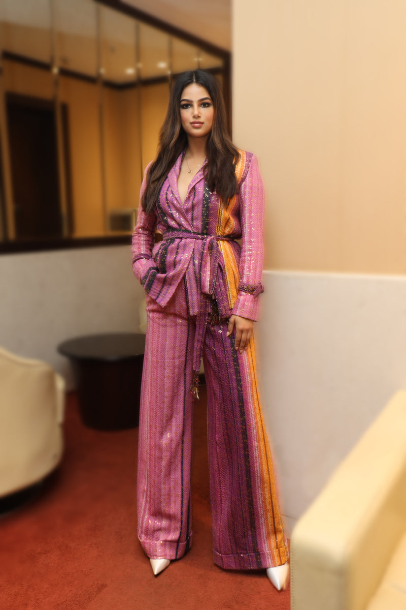 Miss Universe Harnaaz Sandhu In Berry Stroke Print PantSuit Set