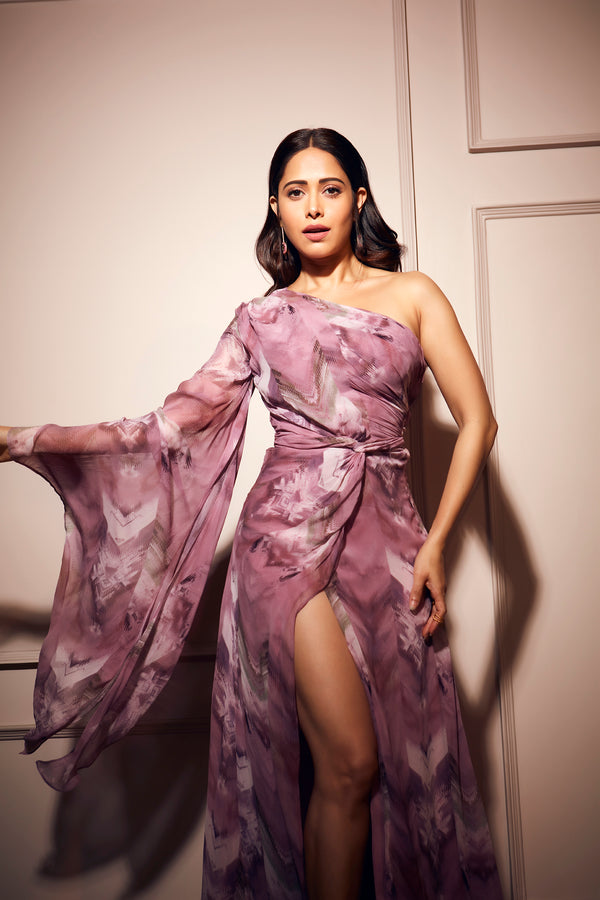 Nushrratt Bharuccha In Lilac Floss Print One Shoulder Slit Dress