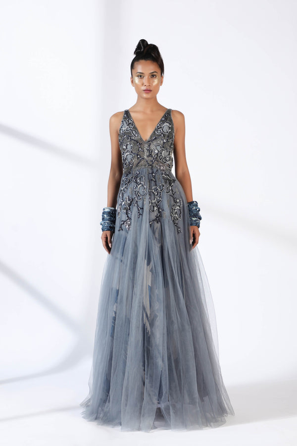 Grey Tulle Gown With Vintage Pewter Handwork