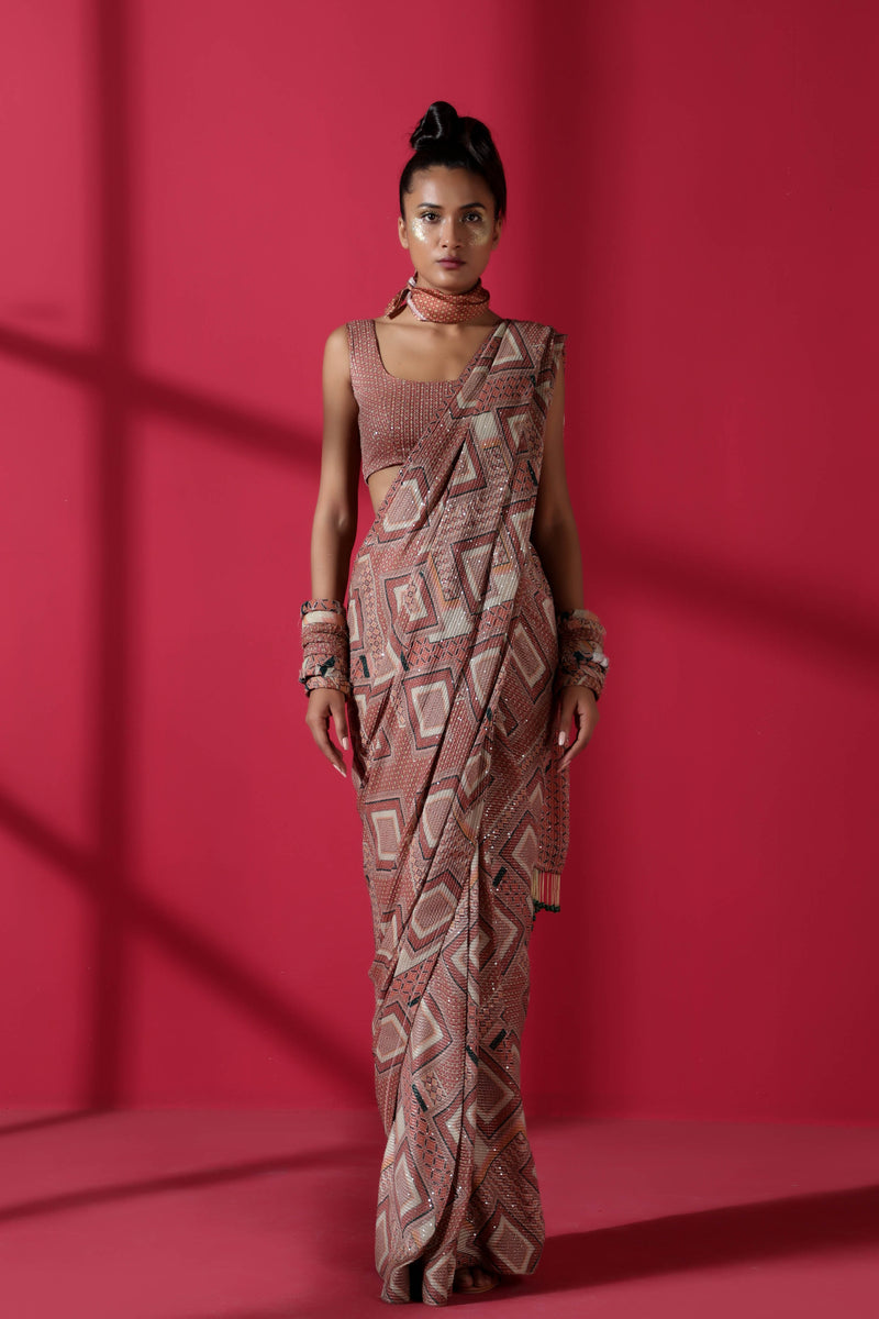 Terracotta Tile Print Two Piece Prepleated Saree With Georgette Sheeted Blouse