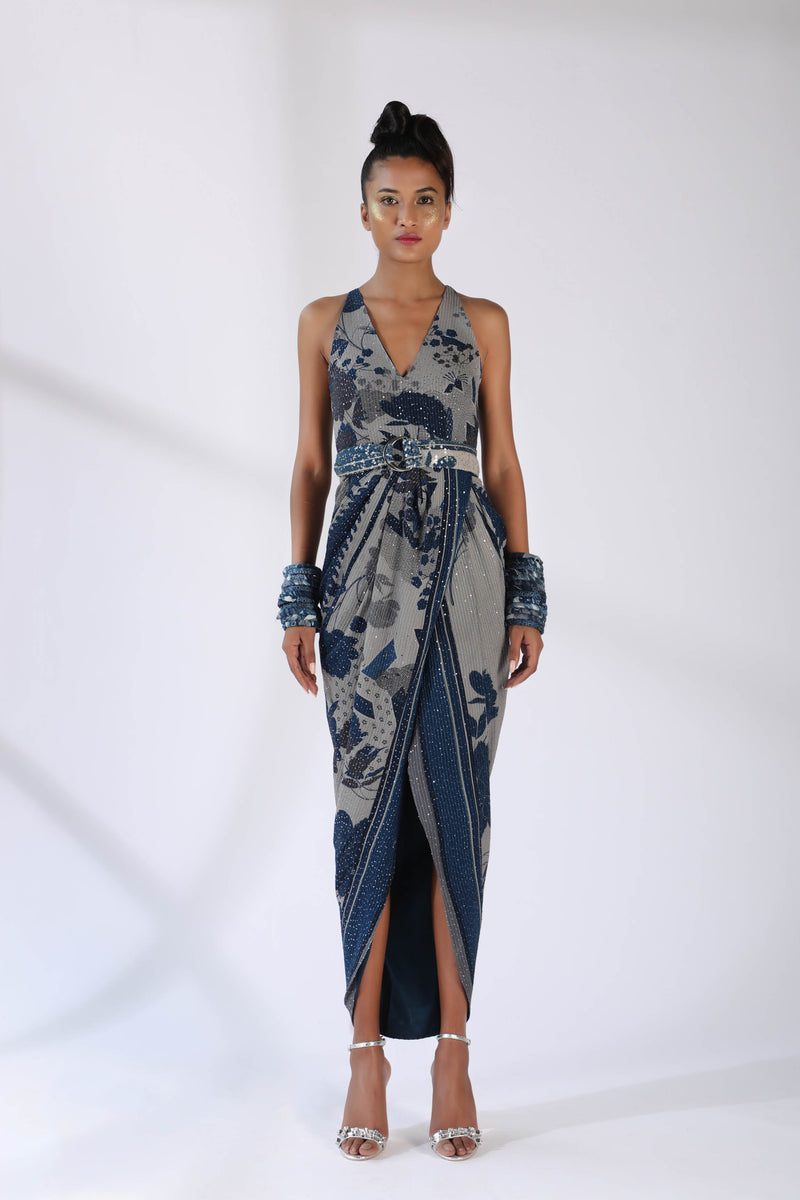 Indigo Blue Floral Sheeted Drapped Dress With Belt