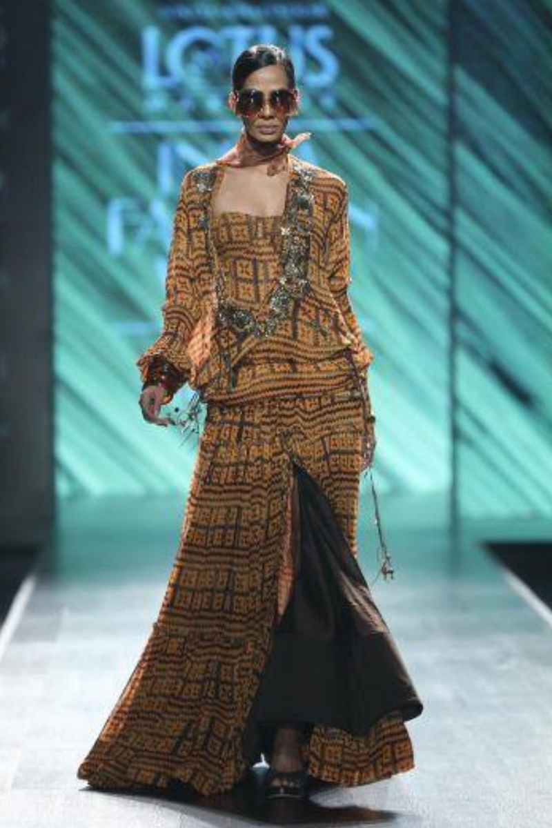 Orange-Brown Basket Weave Print Tube Dress