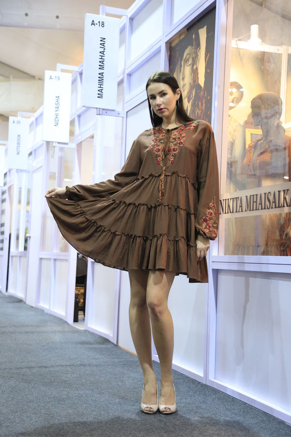 Brown Hand Embroidered Tiered Dress