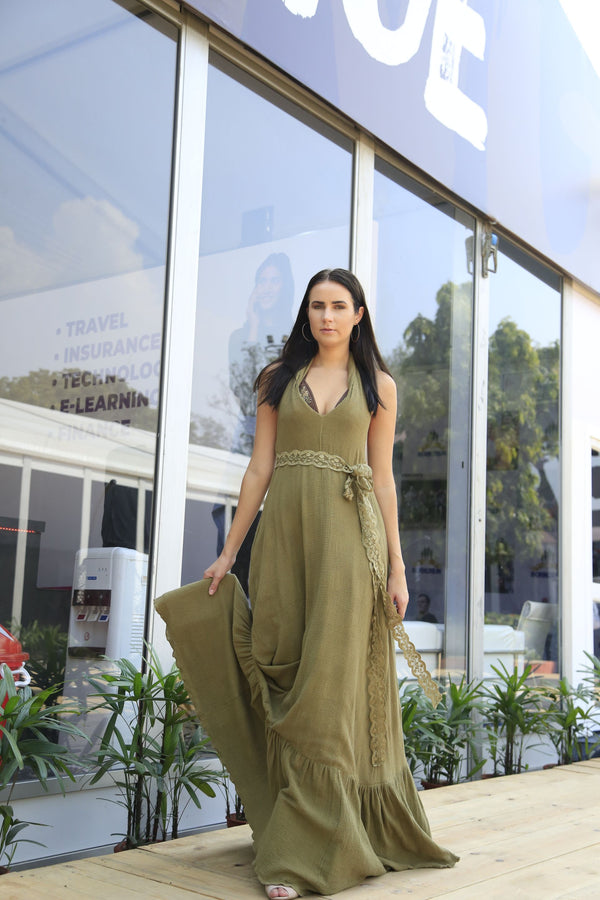 Olive Green Sleeveless Maxi With Thread Embroidered Belt