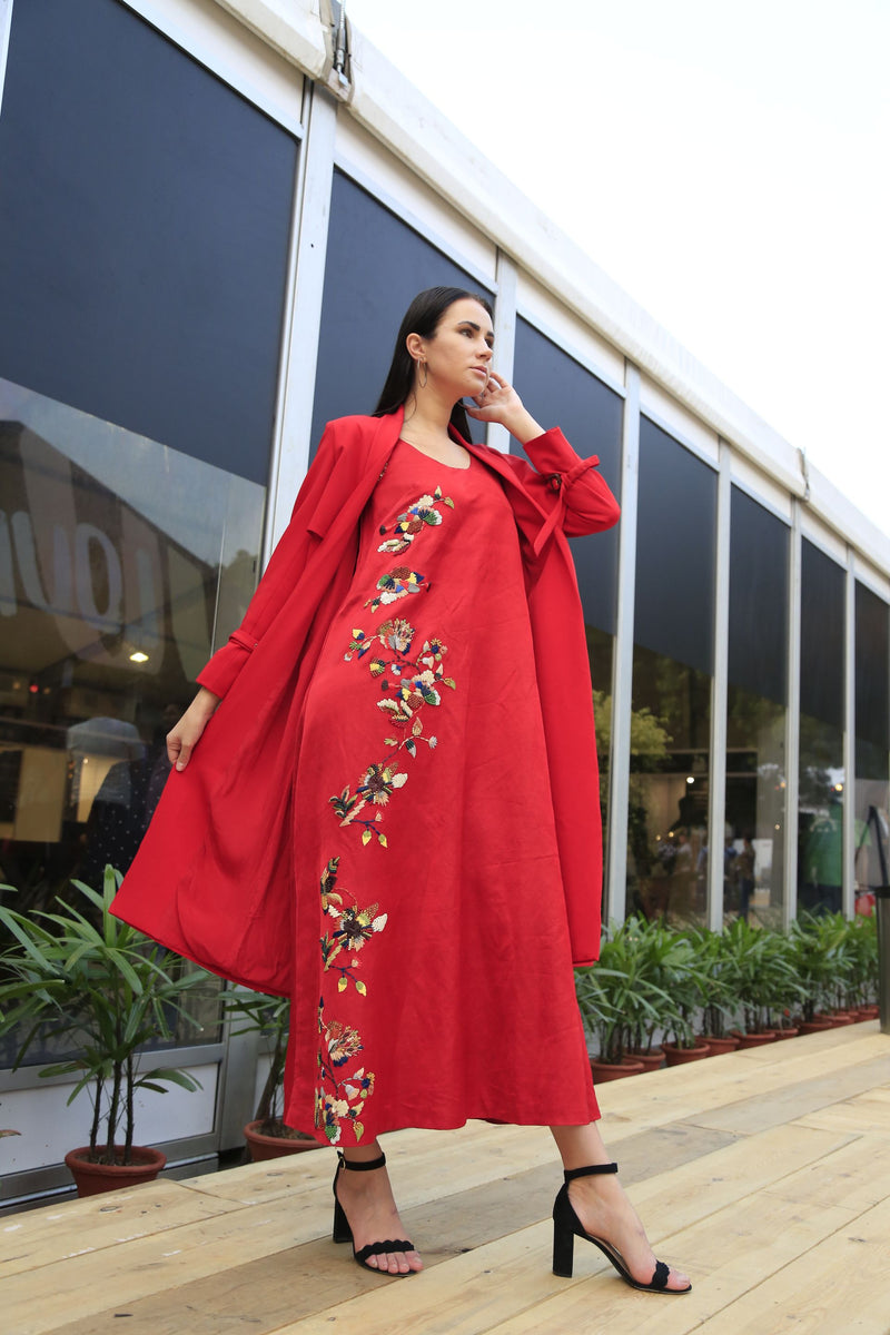 Red Multicolor Embroidered Dress & Trench Coat