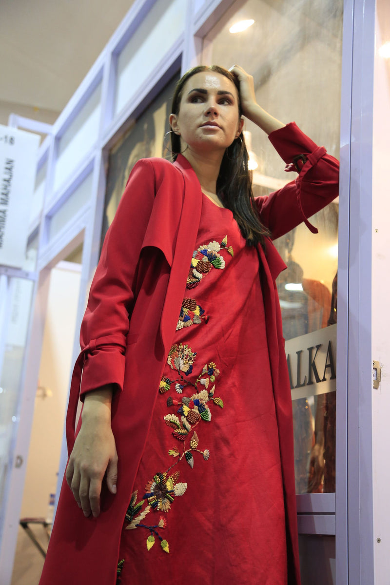 Red Multicolor Embroidered Dress & Trench Coat