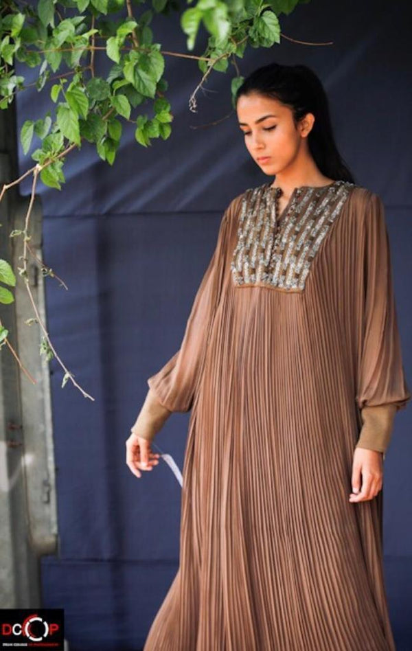 Dark Tan Hand Pleated Maxi Dress With Pewter Embellishment