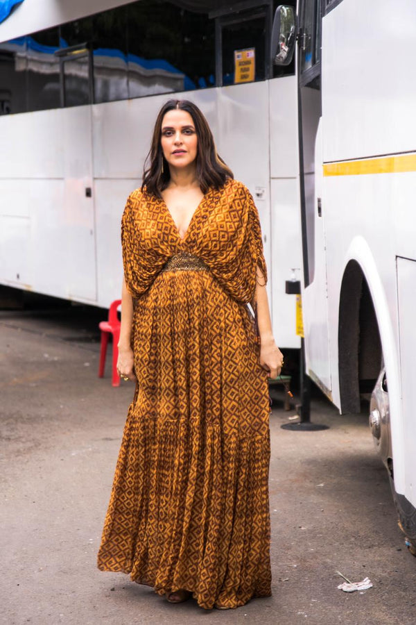 Neha Dhupia In Basket Weave Print Dress With Gold Handwork Belt