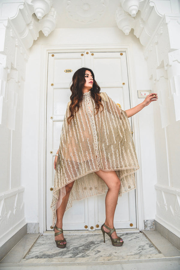 Natasha Luthra In Ivory Hand Embroidered High-Low Short Cape