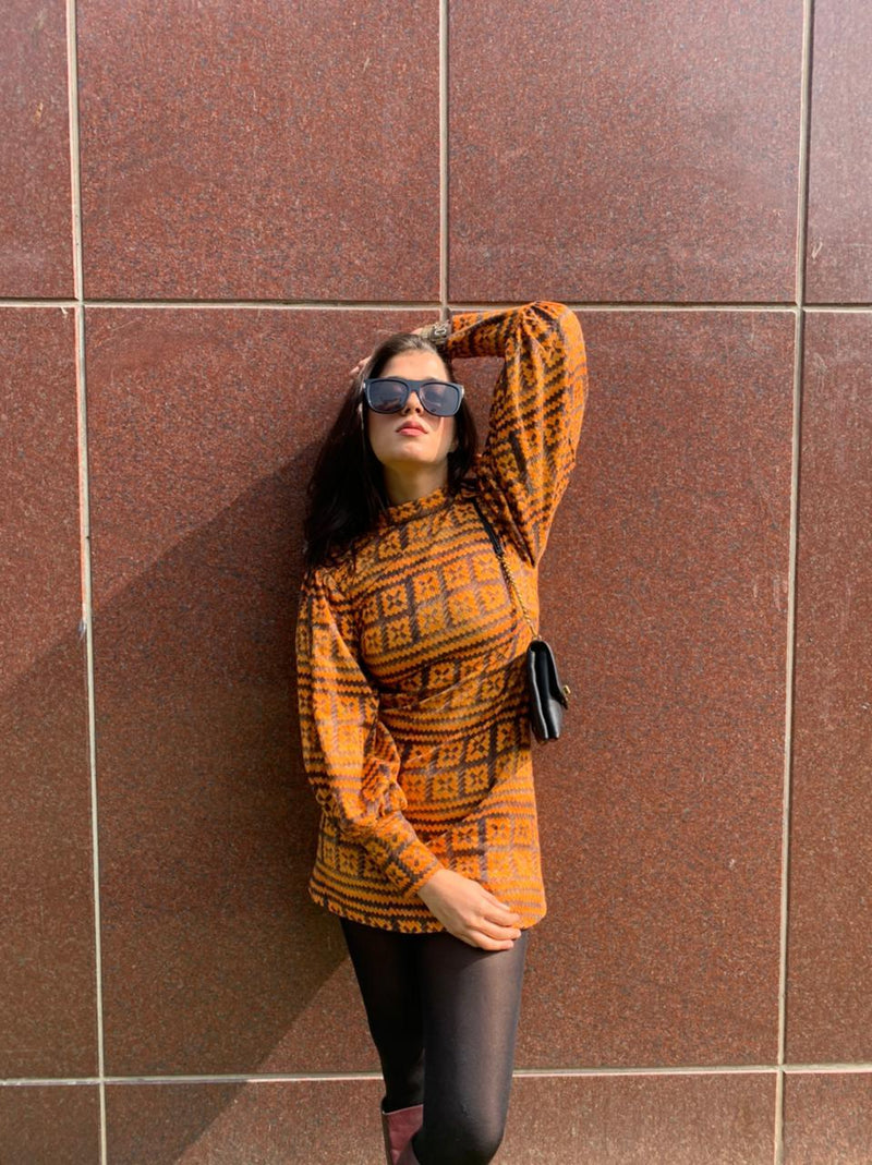 Tangerine and Chocolate Basket Print Short Dress