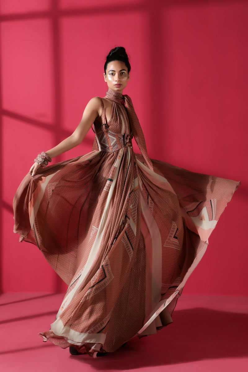Terracotta Mix Print Maxi Dress With Scarf
