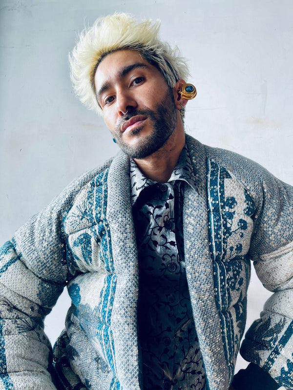 Marce Pedrozo In Indigo Blue Floral Sheeted Print Puffer Jacket