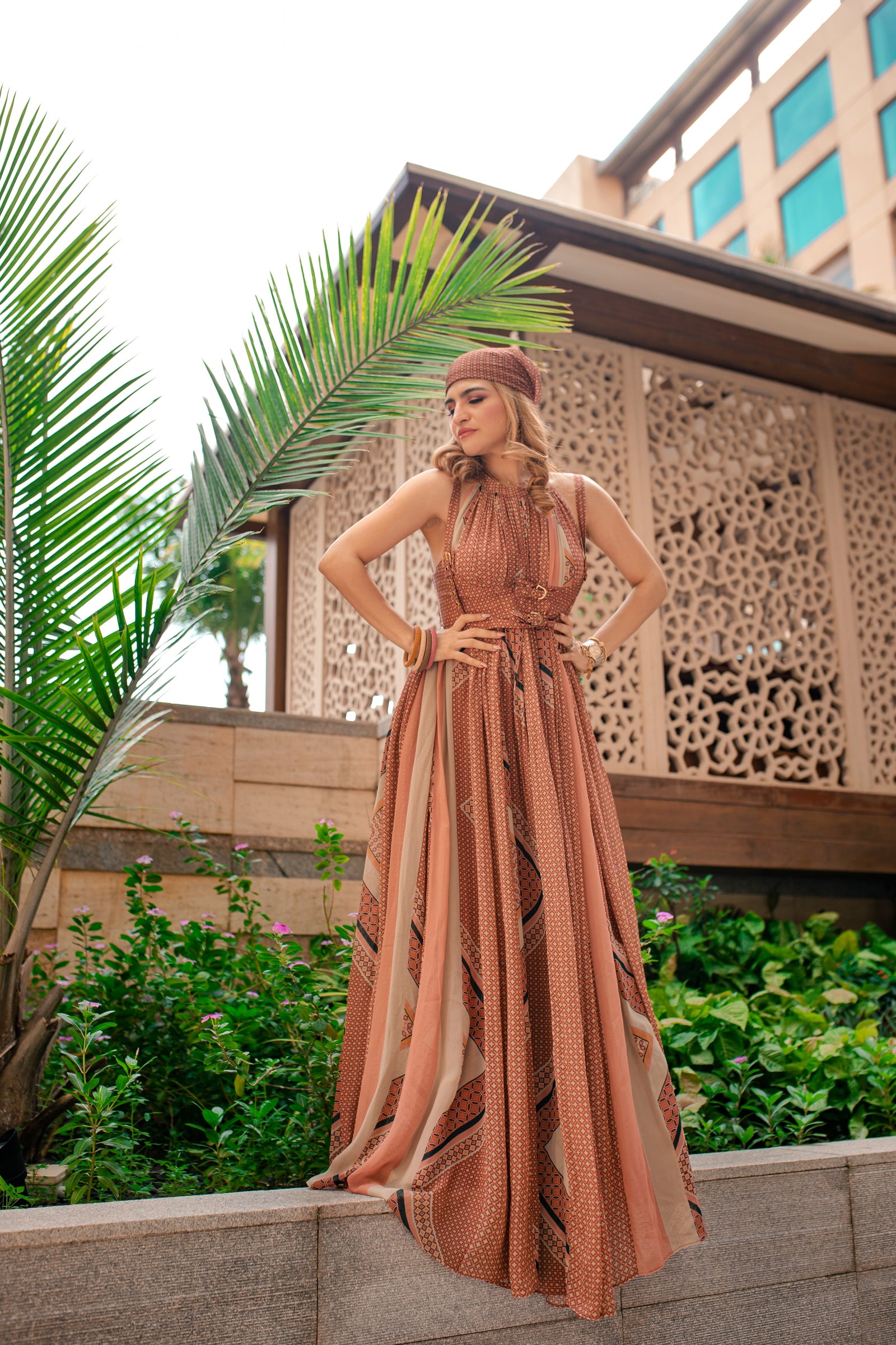 Khushnaz Turner In Terracotta Mix Print Maxi Dress With Girdle