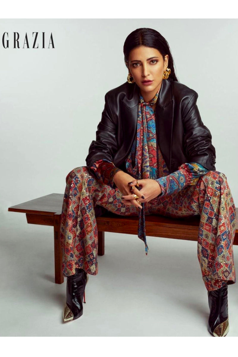 Shruti Haasan in Carpet Print Pussy Bow Shirt And Brick Print Sequin Pants