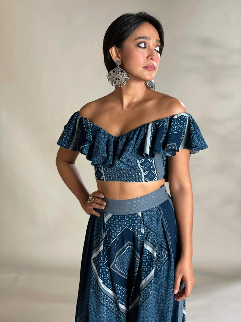 Sayani Gupta in Indigo Blue Tile Print Ruffle Crop Blouson & Box Pleated Pant