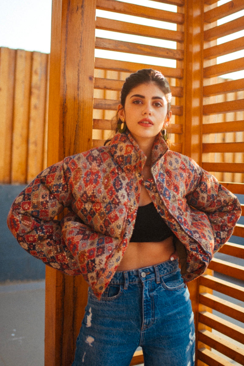 Sanjana Sanghi In Brick Print Sheeted Puffer Jacket