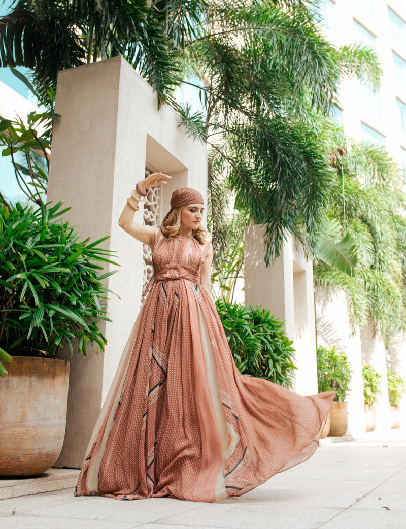 Khushnaz Turner In Terracotta Mix Print Maxi Dress With Girdle