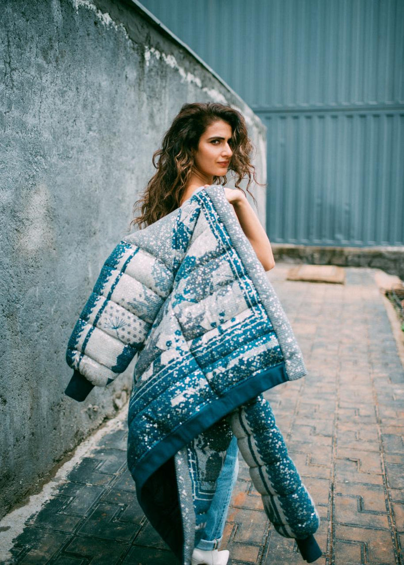 Fatima Shaikh In Indigo Blue Floral Sheeted Print Puffer Jacket